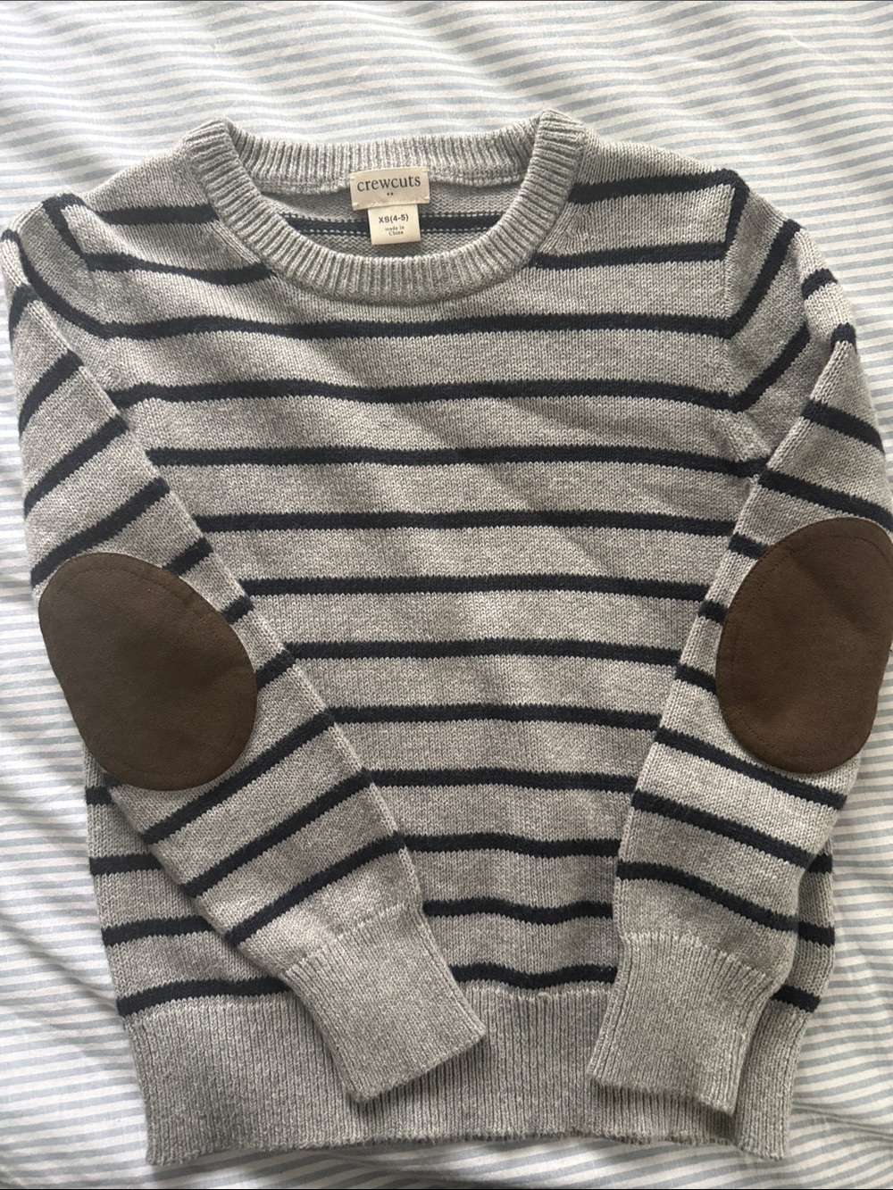 Crewcuts Gray Sweater with Navy Stripes and Brown Elbow Patches